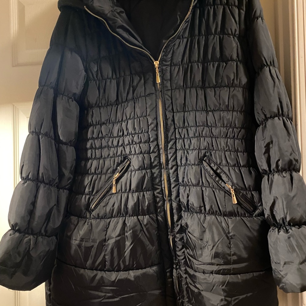Black Puffer all weather gold front zip coat